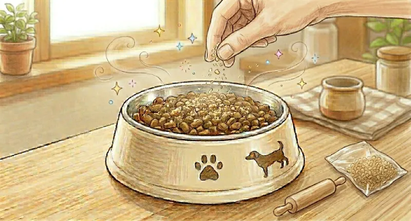 ドッグフードに砕いた小粒フードをふりかけのようにまぶしているイラスト。横には砕くための麺棒と小袋がある。