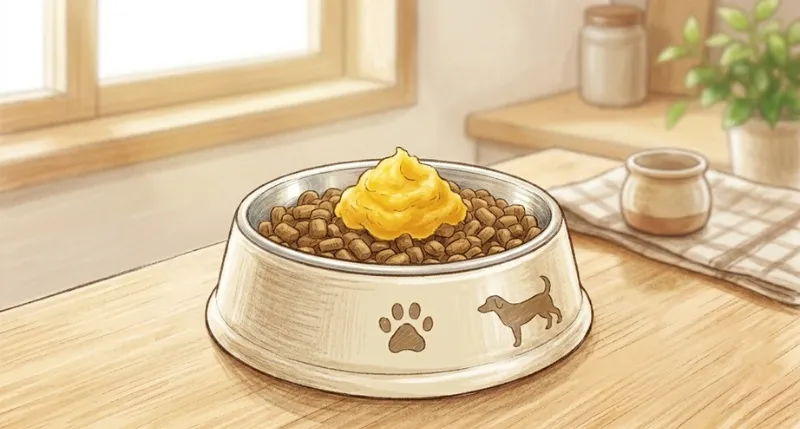 ドッグフードの器の上に、滑らかにマッシュされた明るい黄色のかぼちゃが、小さな山のようにちょこんと乗っている様子。