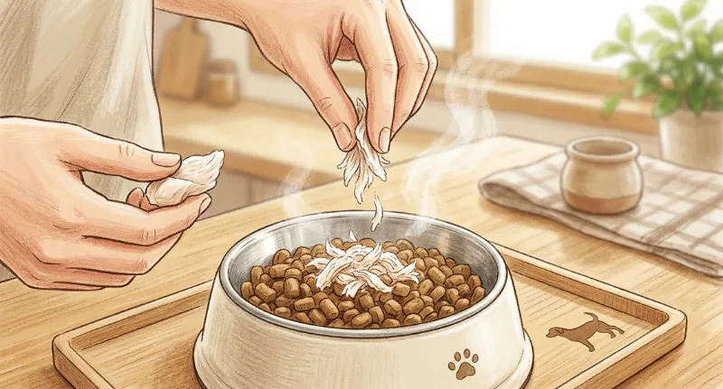 ドッグフードに茹でたての温かい鶏ささみをほぐしてトッピングしている様子