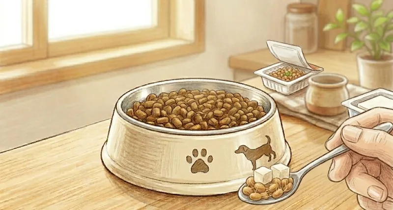 ドッグフードの横で、ごく小さなスプーンに乗せた極少量の納豆と豆腐