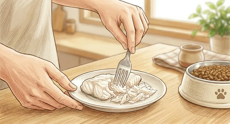 ドッグフードのトッピング用に、茹でた白身魚をフォークでふんわりとほぐしている様子