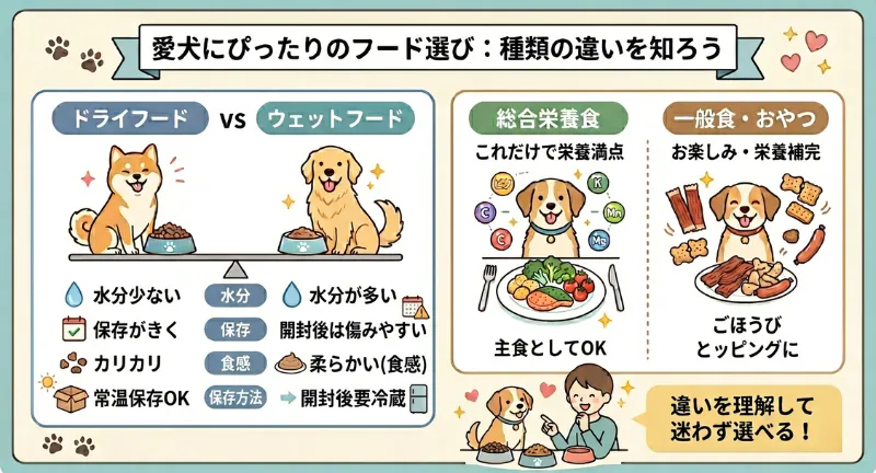 ドライフードとウェットフード、総合栄養食と一般食の違いがわかる比較図解