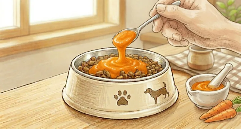 愛犬の消化に優しく、食いつきアップにもおすすめの、なめらかな野菜ペーストをソースのようにトッピングしたドッグフードのイラスト。