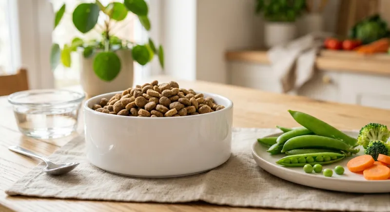 ドッグフードと新鮮なえんどう豆や野菜が並んだ、愛犬の健康的な食事風景