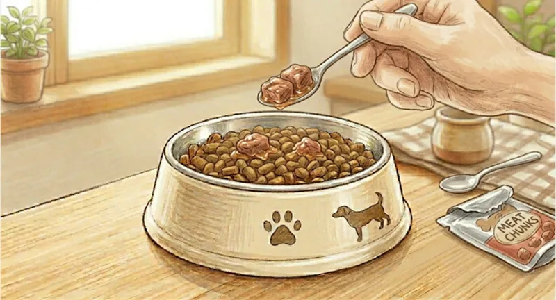 ドッグフードボウルに盛られたドライフードの上に、人間の手がスプーンでジューシーなウェットフードを数粒だけ慎重に“アクセント”として乗せている様子。背景にはウェットフードのパウチ。