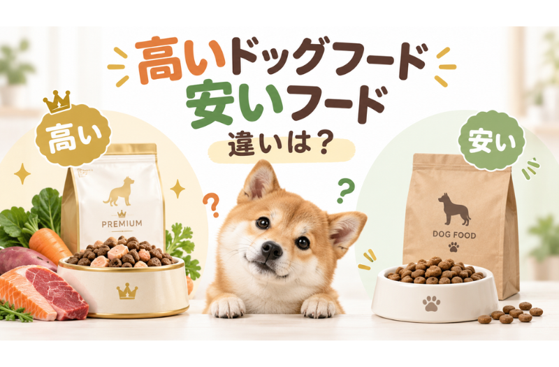 高いドッグフードと安いフードの違いや価格差を比較するイメージ