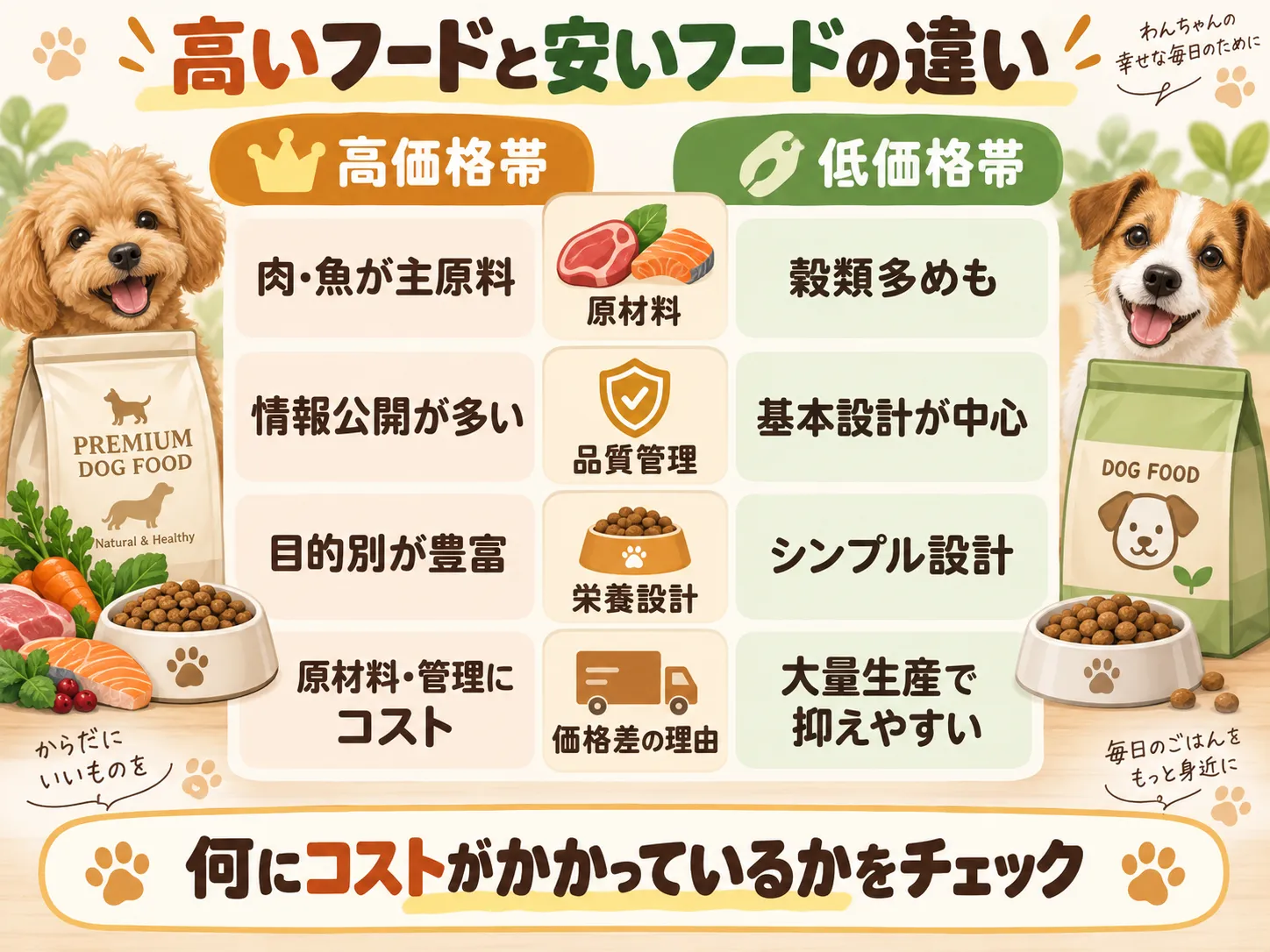 高いドッグフードと安いドッグフードの違いを原材料・品質管理・栄養設計・価格差の理由で比較した図解