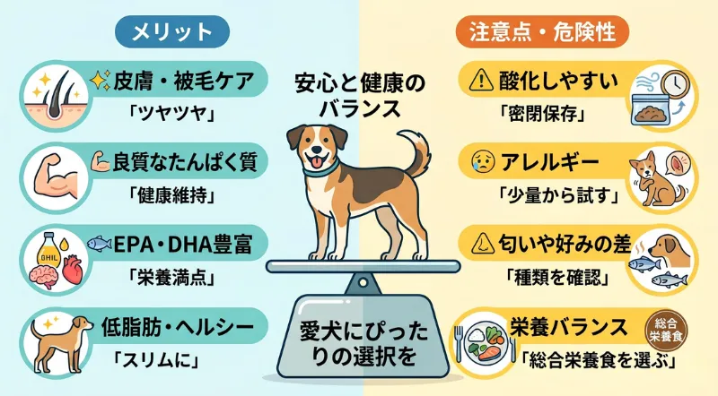 魚ドッグフードのメリット（皮膚被毛のケアや低カロリーなど）と注意点（アレルギーや酸化しやすい脂など）のバランスをまとめた図解イラスト