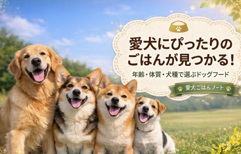 青空と草原を背景に笑顔で並ぶ4匹の犬（ゴールデン、コーギー、柴犬、ジャックラッセル）と、「愛犬にぴったりのごはんが見つかる！」というキャッチコピーが書かれたトップ画像。