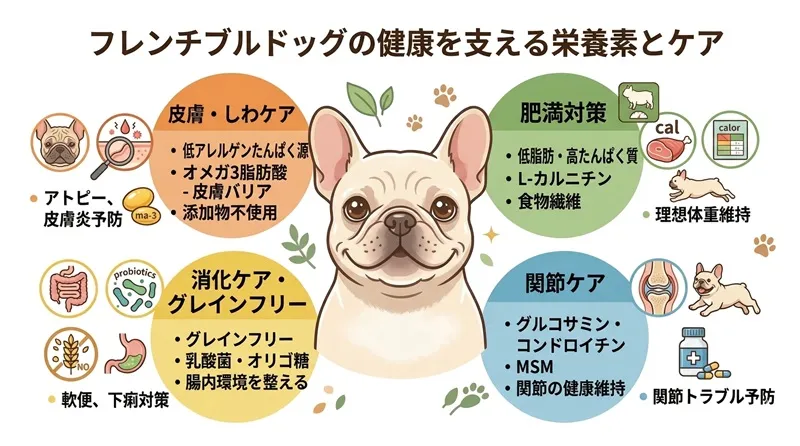 フレンチブルドッグの健康を支える栄養素とケアをまとめたインフォグラフィック。中心のかわいいフレブルを囲んで、皮膚・しわケア（低アレルゲンたんぱく源など）、肥満対策（低脂肪・高たんぱく質など）、消化ケア・グレインフリー（乳酸菌、オリゴ糖など）、関節ケア（グルコサミン、MSMなど）の推奨成分と関連アイコンがパステルカラーで整理されている。