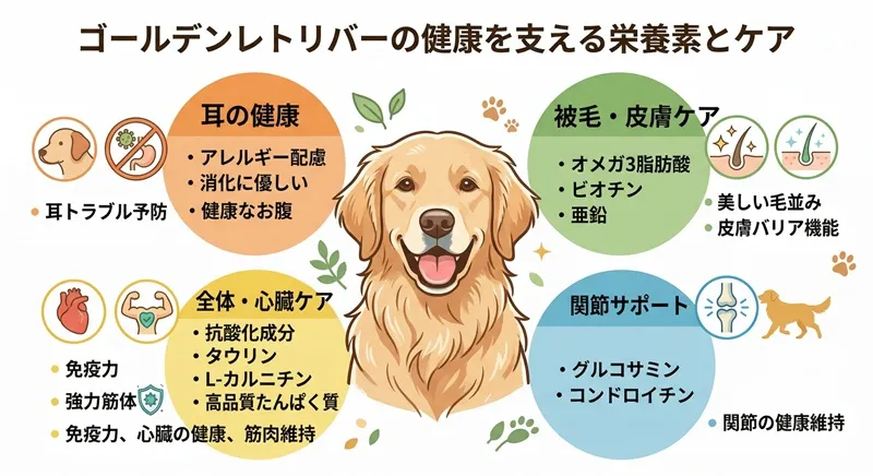 ゴールデンレトリバーの健康を支える栄養素とケア方法の図解イラスト