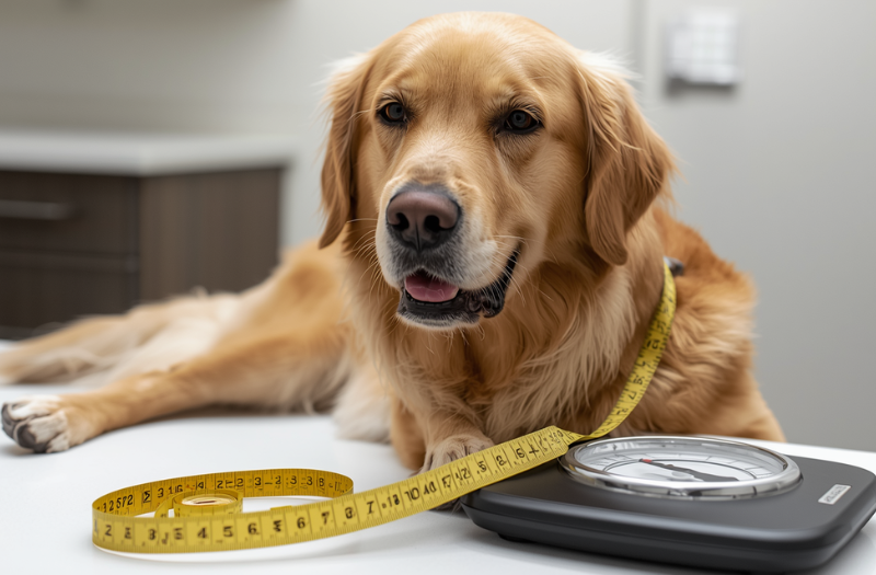 体重計とメジャーを前にして、幸せそうに微笑むゴールデンレトリバー。健康的なダイエットをイメージ。