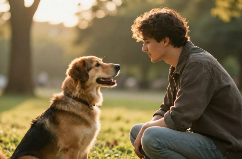 公園で飼い主と見つめ合う愛犬の写真。安全な食事管理で守りたい、愛犬との幸せな暮らしと健康な毎日を象徴するイメージ。