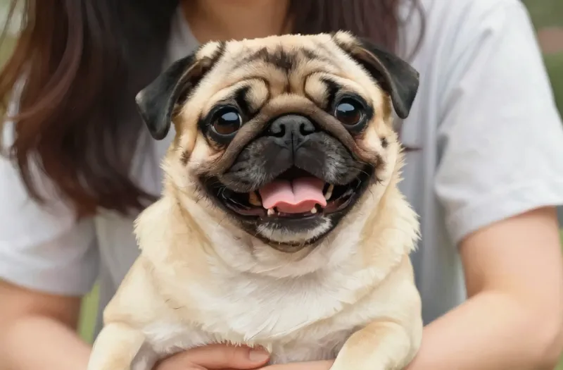 健康で幸せそうなパグを優しく抱っこする飼い主。毎日の食事管理とケアで、愛犬との幸せな時間を守る。