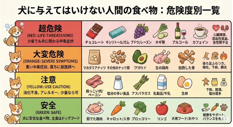 犬に与えてはいけない人間
の食べ物を危険度別に分けた一覧表。超危険(チョコ、ネギ類等)、大変危険(骨、生の鶏肉等)、注意(乳製品等)、安全(人参、リンゴ等)をイラストで解説。