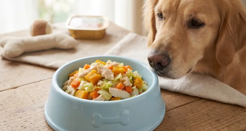 鶏ささみと、かぼちゃ・にんじん・キャベツなどの野菜を細かく刻んで混ぜ合わせた手作りドッグフードを見つめる愛犬