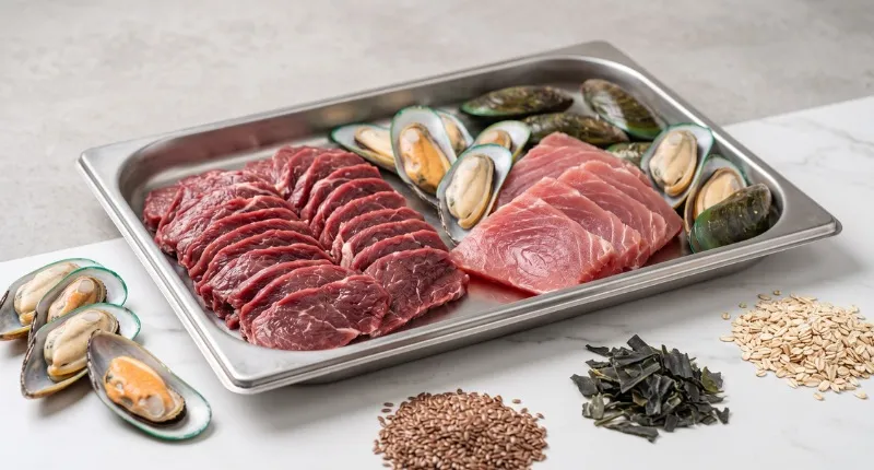ドッグフードに使用される新鮮な馬肉とまぐろ、緑イ貝が銀色のトレイに盛り付けられている画像