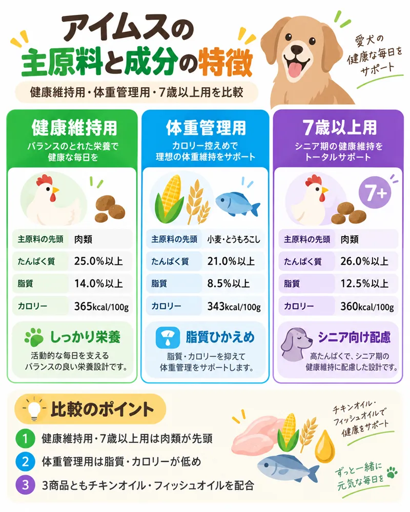 アイムスの健康維持用・体重管理用・7歳以上用の主原料とたんぱく質・脂質・カロリーを比較した図解
