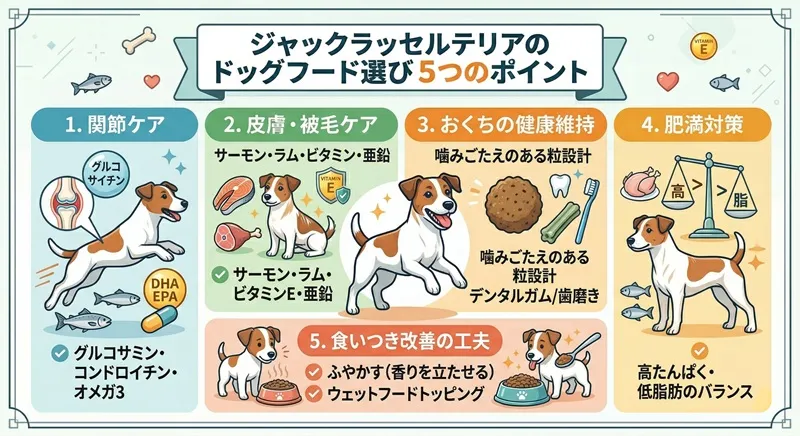 ジャックラッセルテリアのドッグフード選び5つのポイント（関節・皮膚・デンタルケア・肥満・食いつき対策）をまとめた図解イラスト
