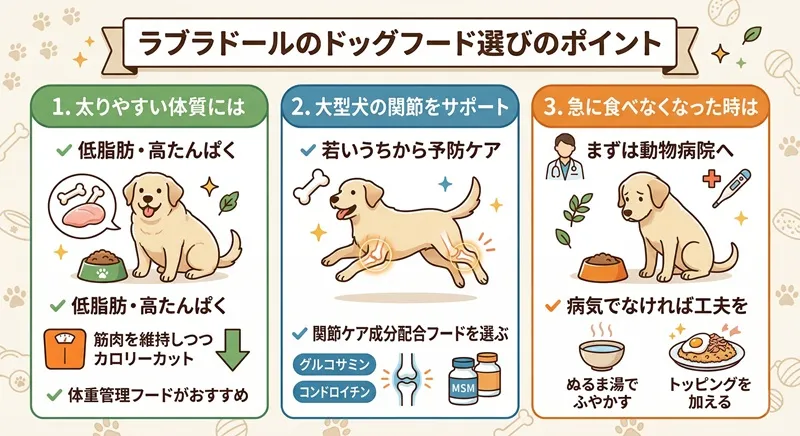 ラブラドールのドッグフード選びの3つのポイント（体重管理・関節サポート・食べない時の対策）をまとめた図解