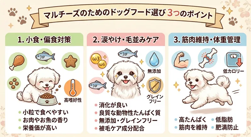 マルチーズのドッグフード選び3つのポイント（小食・涙やけ・体重管理）をまとめた図解