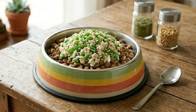 細かく刻んださやえんどうと崩した豆腐を混ぜ合わせた白和え風トッピング