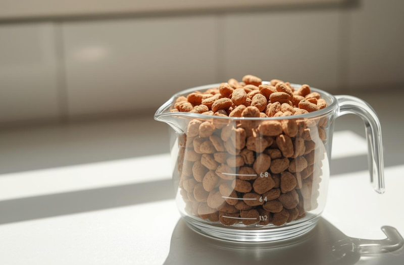 去勢・避妊手術後の体重管理のために計量カップで量られたドッグフード