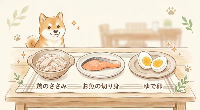 愛犬に与える鶏のささみ・お魚の切り身・ゆで卵のイラスト