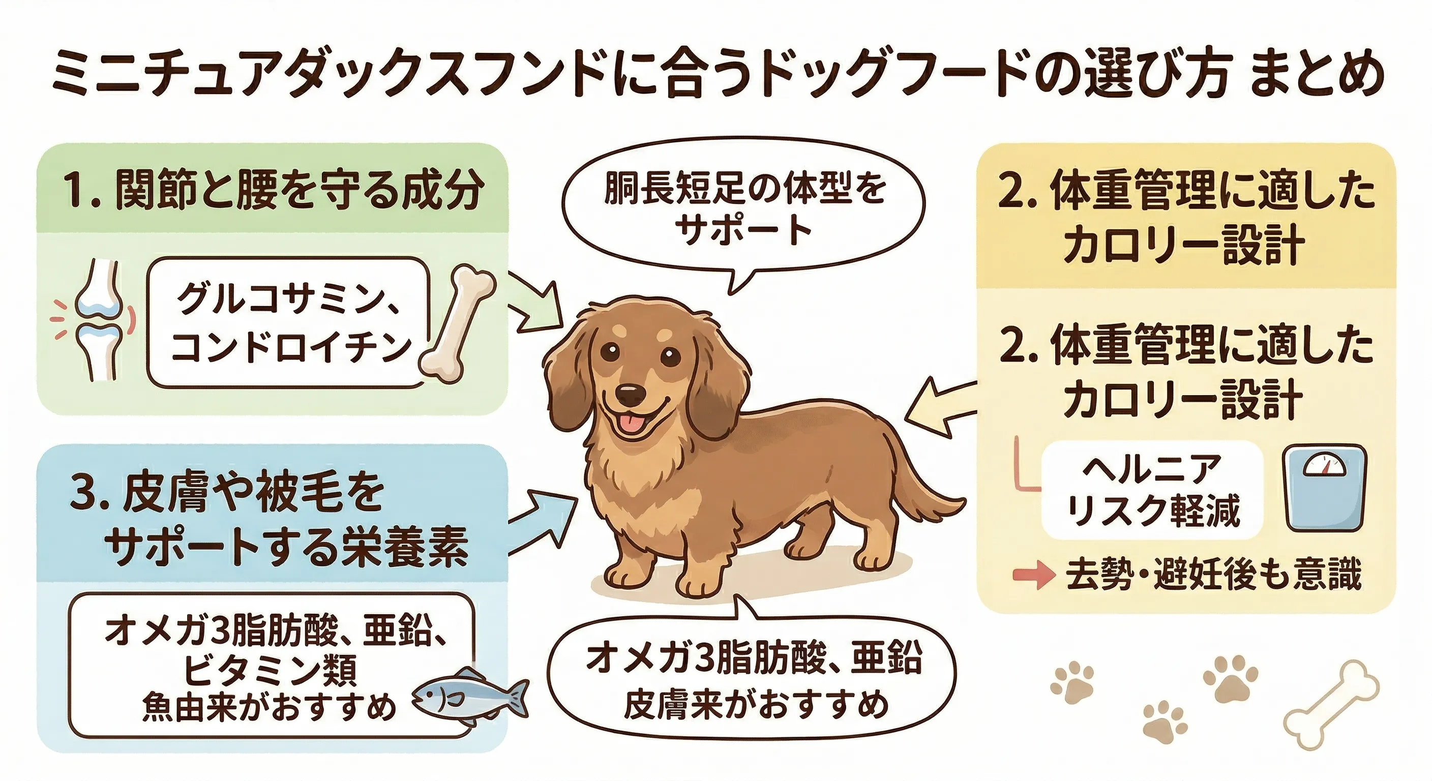 ミニチュアダックスフンドに合うドッグフードの選び方をまとめた図解イラスト。中心にミニチュアダックスフンドのイラストを配置し、周囲に「関節と腰のケア成分（グルコサミンなど）」「体重管理のためのカロリー設計（ヘルニア予防）」「皮膚と被毛の栄養素（オメガ3など）」の3つの重要な選択基準を分かりやすく整理している。