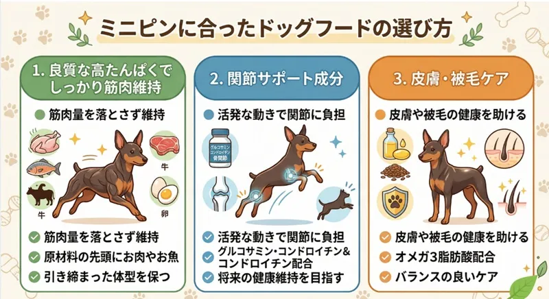 ミニチュアピンシャーのドッグフード選び3つのポイント（筋肉維持・関節サポート・皮膚被毛ケア）をまとめた図解