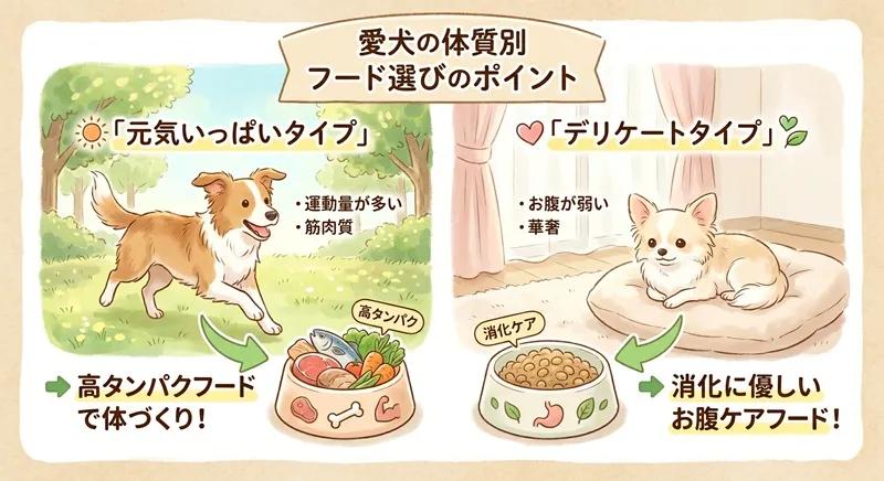 ミックス犬の体質別（元気いっぱいタイプ・デリケートタイプ）に合わせたドッグフードの選び方を図解したイラスト