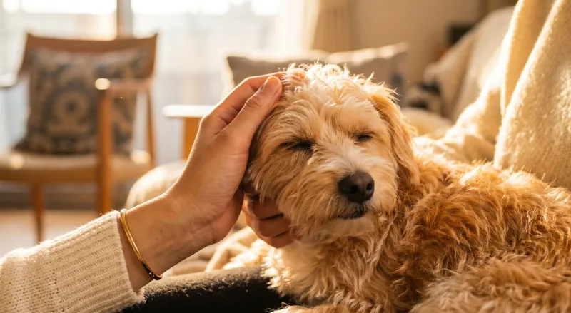 飼い主に頭を撫でられて目を閉じて安心している犬