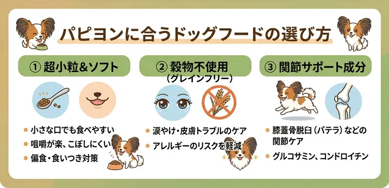 パピヨンに合うドッグフード選びのポイントをまとめた図解イラスト。