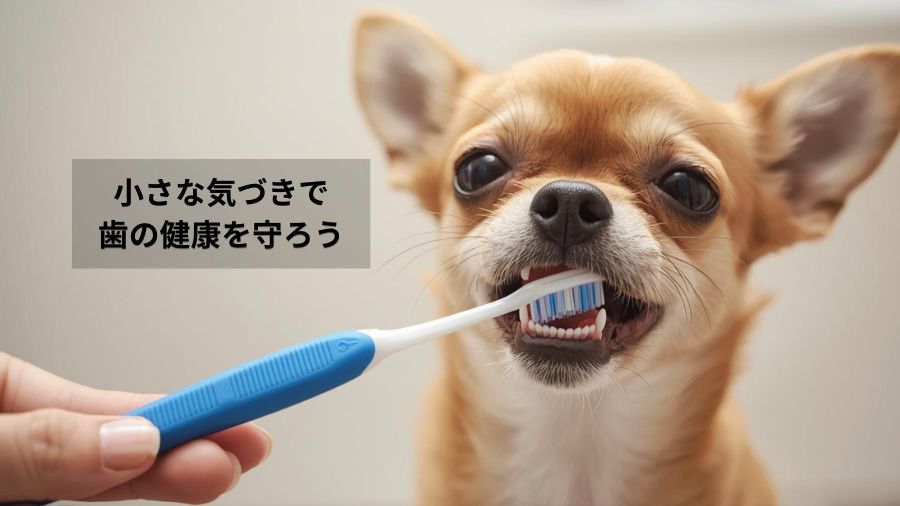 歯ブラシを軽く当ててもらい口元を見せるチワワ。毎日の小さな気づきで歯の健康を守るイメージ。