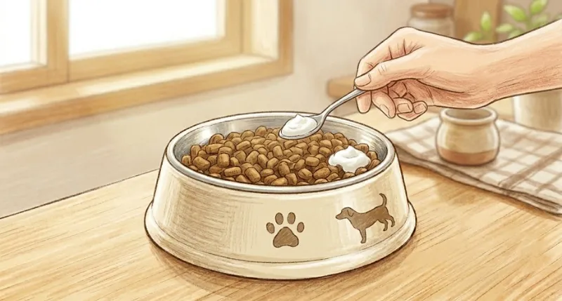 犬用フードにプレーンヨーグルトを少量トッピングしている様子のイラスト。