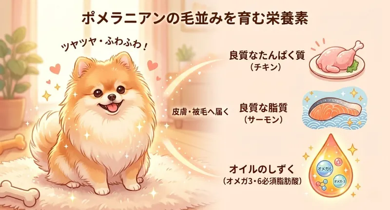 ポメラニアンの美しい毛並みを育む栄養素(良質なたんぱく質・オメガ3・6必須脂肪酸)をまとめた図解イラスト