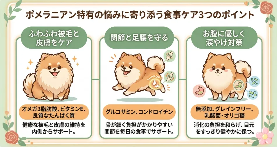 ポメラニアン特有の悩み（毛並み、関節、涙やけ）に寄り添う食事ケア3つのポイントをまとめた図解イラスト