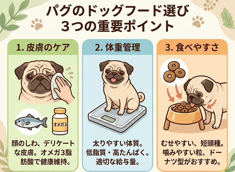 パグのドッグフード選びで大切な3つのポイント（皮膚・体重・粒の形）の図解イラスト