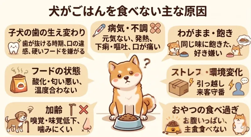 犬がごはんを食べない主な原因をまとめたイラスト図解