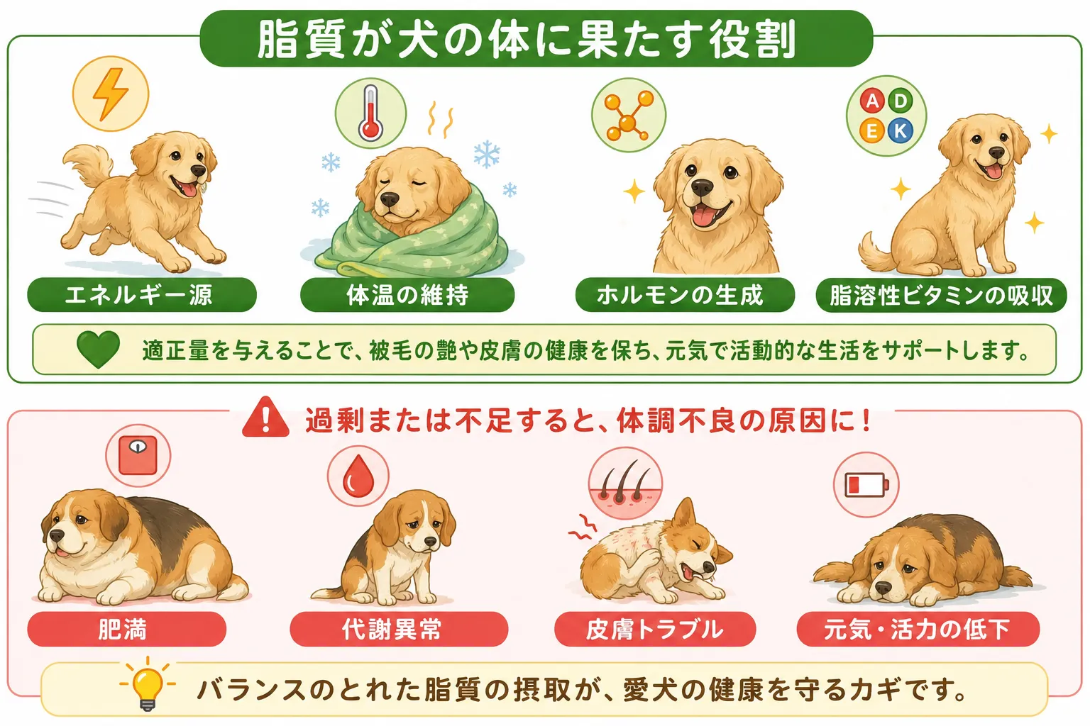 犬の体における脂質の役割と過剰・不足による影響をわかりやすくまとめた図解