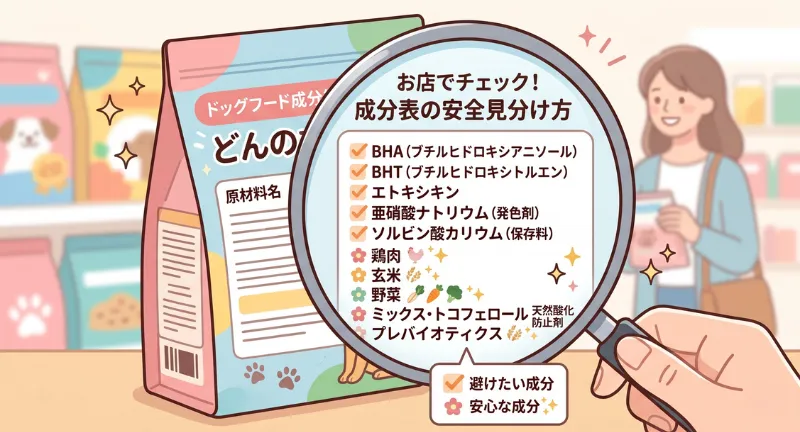 ドッグフードのパッケージ裏面の成分表を虫眼鏡で確認し、避けたい添加物と安心な原材料を直感的に見分ける方法をまとめた図解イラスト。