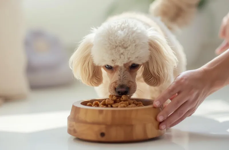穏やかな光の中、小粒のドッグフードを一生懸命食べるシニア犬のトイプードルと飼い主の手元