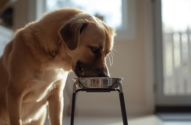 食べやすい高さの食器台でドッグフードを食べるシニアの愛犬