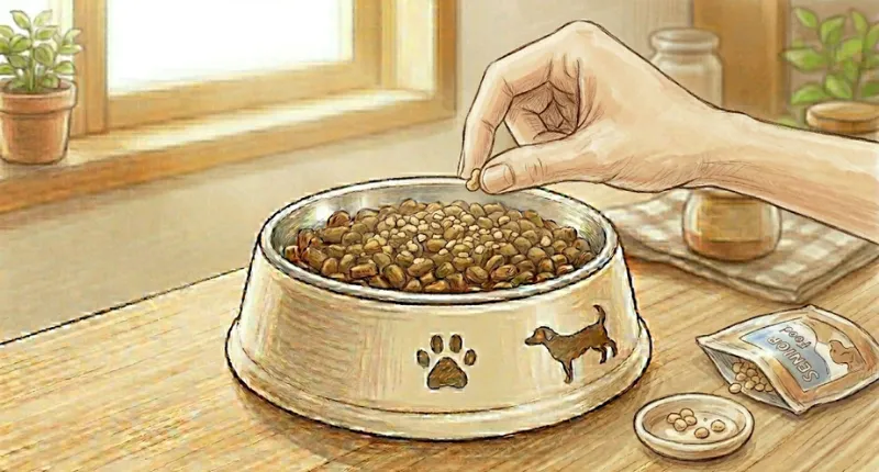 シニア犬の食事をサポートするために、人間の手が指先でフードを一粒ボウルに追加している、鉛筆画風のイラスト。「Senior Food」の袋と小皿が置かれている。