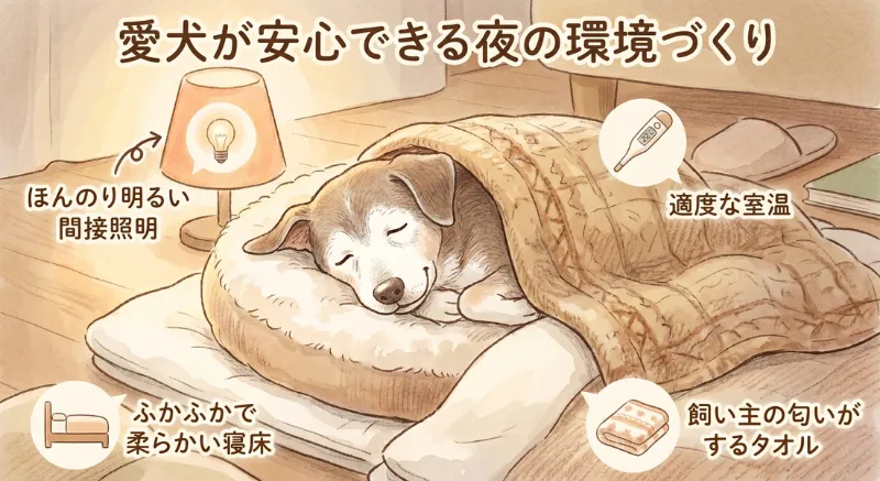 愛犬が安心できる夜の環境づくり（間接照明、適度な室温、ふかふか柔らかい寝床、飼い主の匂いがするタオル）