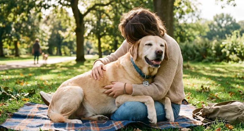 公園でシニアの愛犬を優しく抱きしめる飼い主の様子