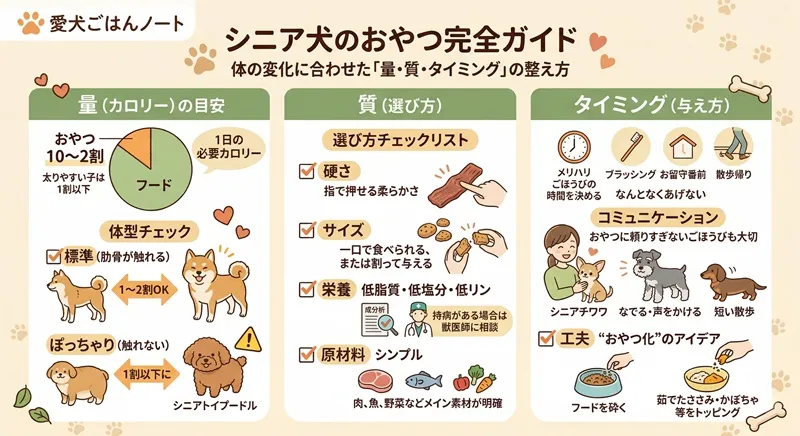 シニア犬のおやつの量・選び方・与えるタイミングをまとめた完全ガイドの図解イラスト