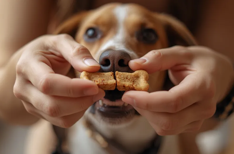 シニア犬が食べやすいように柔らかいおやつを指で小さく割っている様子