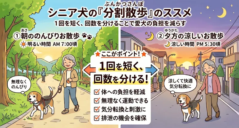 シニア犬の分割散歩のススメ。朝と夕方に分け、1回を短くして愛犬の負担を減らすポイントをまとめた図解イラスト