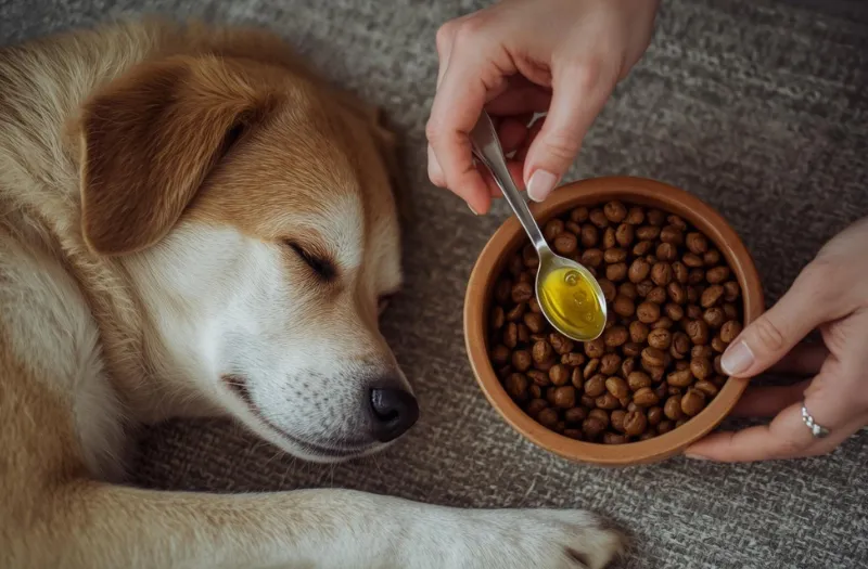 ぐっすり眠る老犬とドッグフードにサプリメントオイルをかける様子